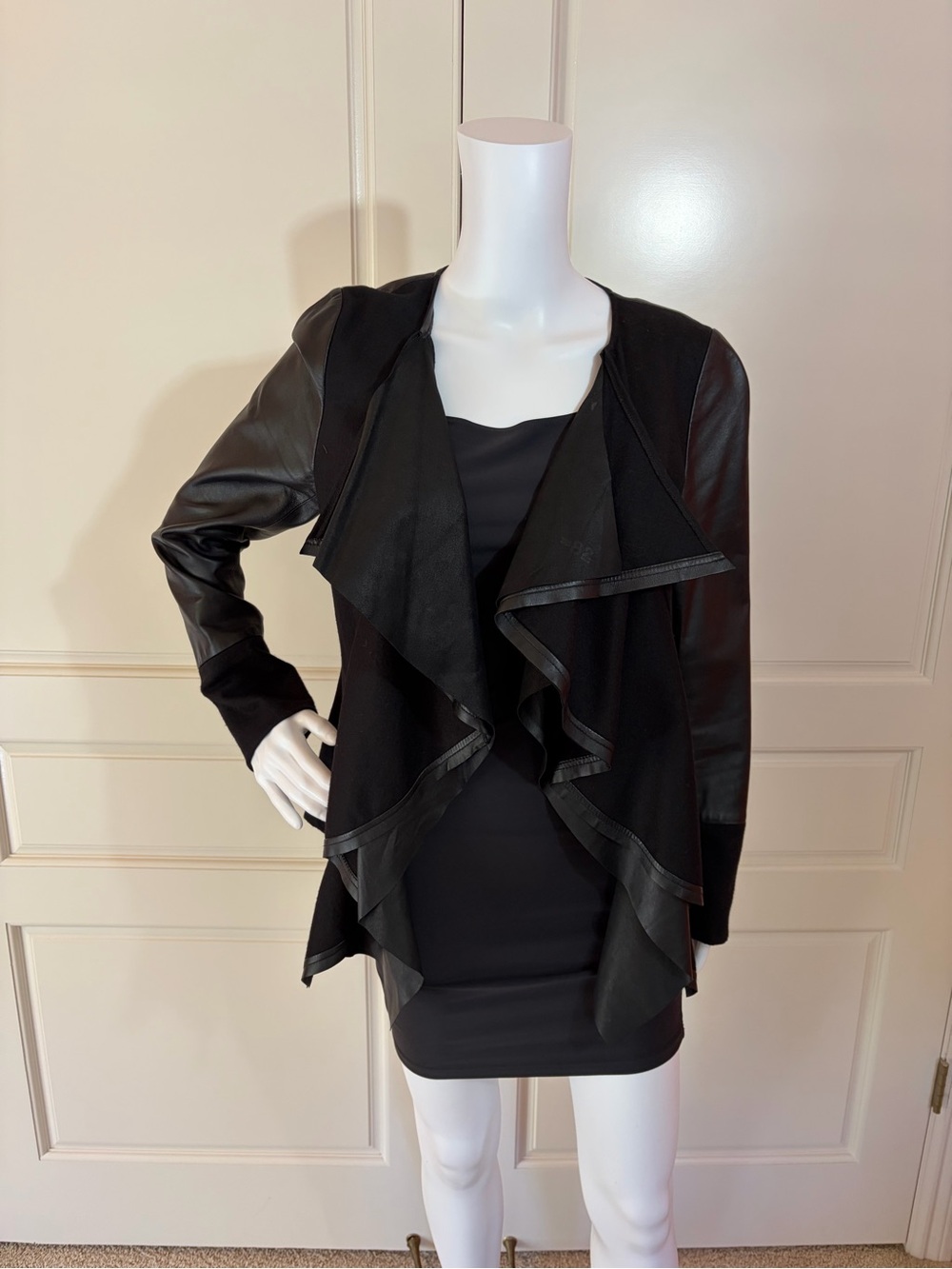 Lafayette 148 New York Black Draped Open-Front Jacket with Faux Leather Sleeves
